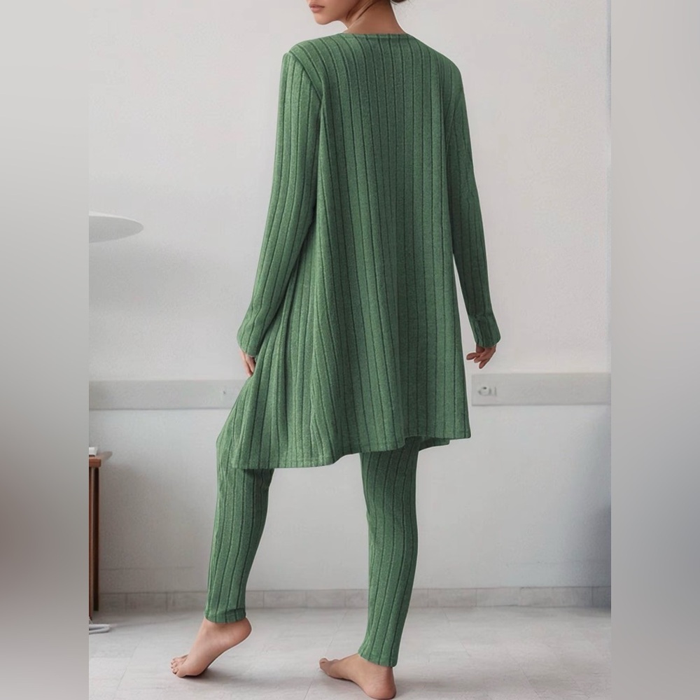 Women's Green Ribbed Lounge 3 piece Set Soft Comfy Chic - Picture 3 of 7